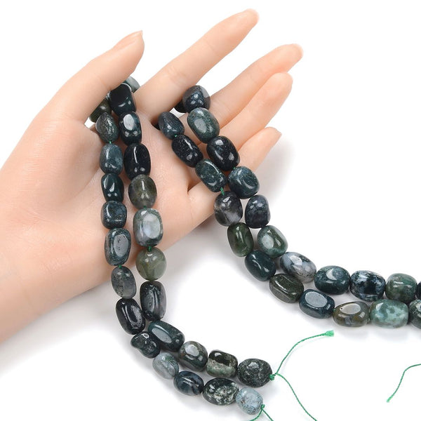 Natural Moss Agate Gemstone Tumbled Nugget Beads, Irregular, 10mm-13mm, Hole ID 1mm, 1 Strand/15 Inch, GZ4-4