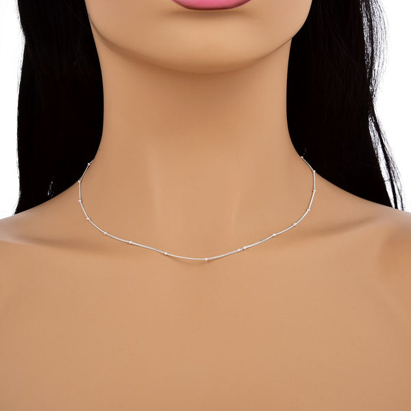 1pc 925 Sterling Silver Bead Station Curb Link Chain Necklace, 1.9mm Beads, Thin Small, Length Selections: 16/18/20/22/24/26/28 Inch