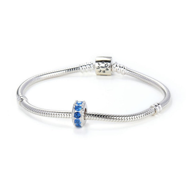 1pc 925 Sterling Silver December Birthstone Bead Charm, Blue Zircon Cubic Zirconia CZ, 9.5x5mm, Hole ID 4.5mm, EC1-C12