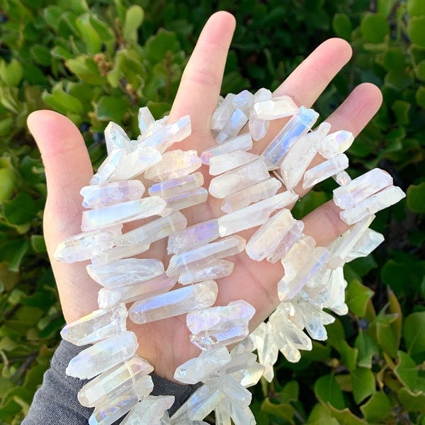 1 Strand Natural Raw Crystal Quartz Gemstone Beads, Medium Size Drilled Stone Points, Clear AB Titanium Coated Gem Stick, 15 Inch, GA-D2