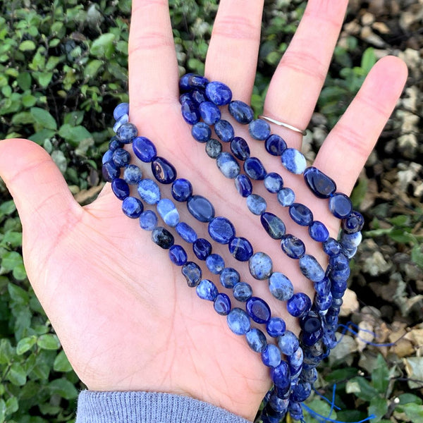 Natural Blue Sodalite Gemstone Oval Tumbled Pebble Beads, Irregular, 6mm to 8mm, Hole ID 1mm, 15 Inch/1 Strand, GZ11-22