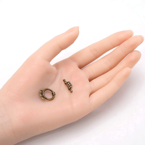 Adabele 20 Sets Round Toggle Clasp, 3 Rings Multiple Strands T-Bar Jewelry Closure, 17.7mm, Tarnish Resistant Antique Bronze, MC-AF58
