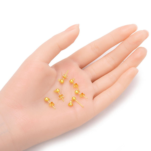 40pcs Tarnish Resistant Ball Earring Posts, Closed Ring, with 40pcs Earring Backs, 18K Yellow Gold Plated Brass, Ball Size Selections: 3mm/4mm/5mm