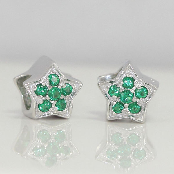1pc 925 Sterling Silver Star Charm May Birthstone Bead Charm, Green Emerald Cubic Zirconia CZ, 10x9.5mm, Hole ID 4.5mm, EC1-K5