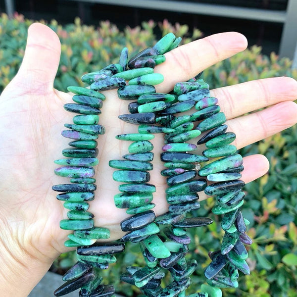 Natural Ruby Zoisite Gemstone Stick Point Beads, Irregular, 7mm-23mm Long, Hole ID 1mm 1 Strand/15 Inch, GZ5-15