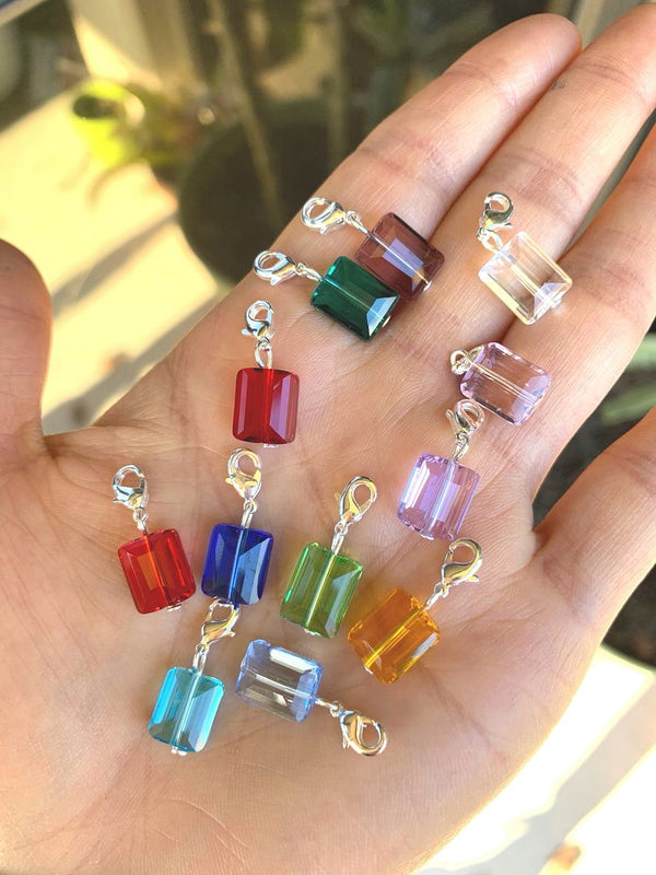 1 Set/12pcs Mixed Clip On Dangle Birthstone Charm Drops, 10mm Crystal Rectangle Beads, Sterling Silver Plated Clasp, BL12