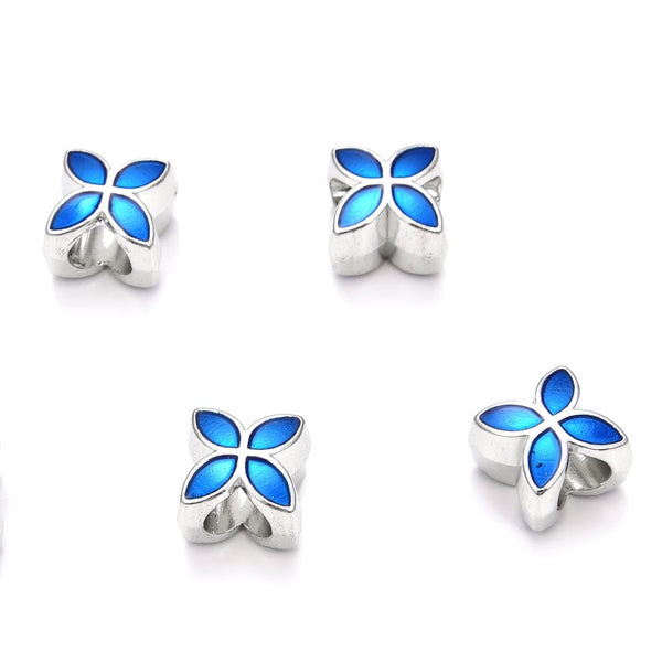 20pcs Blue Enamel Four-Clover Good Luck Large Hole Beads, Hole ID 4.5mm, Antique Silver, Zinc Alloy Metal, MEC-E4