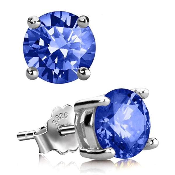 1 Pair 925 Sterling Silver September Birthstone Round Cut Stud Earrings, 8mm/2 Carat Cubic Zirconia CZ Blue Sapphire Stone, SSE49-9