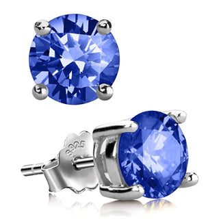 1 Pair 925 Sterling Silver September Birthstone Round Cut Stud Earrings, 6mm/0.84 Carat Cubic Zirconia CZ Blue Sapphire Stone, SSE48-9
