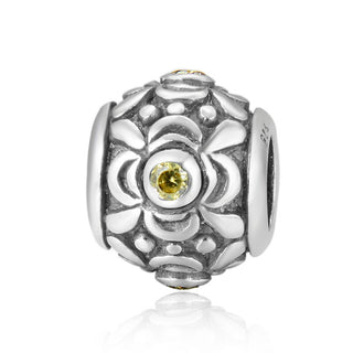 1pc 925 Sterling Silver Round Flower Pattern November Birthstone Bead Charm, Yellow Topaz Cubic Zirconia CZ, 11.2x9.5mm, Hole ID 4.5mm, EC1-G11