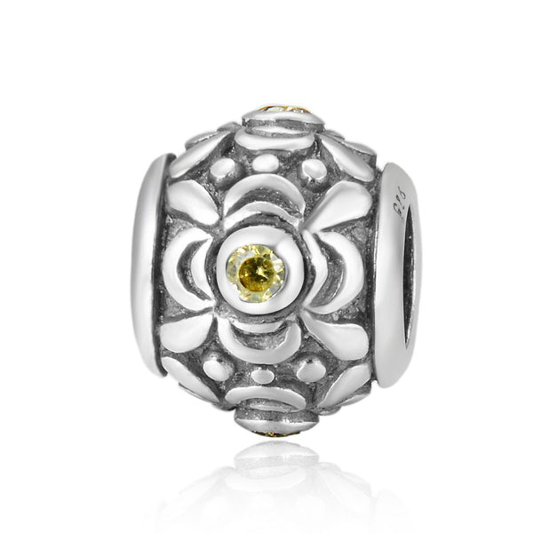 1pc 925 Sterling Silver Round Flower Pattern November Birthstone Bead Charm, Yellow Topaz Cubic Zirconia CZ, 11.2x9.5mm, Hole ID 4.5mm, EC1-G11