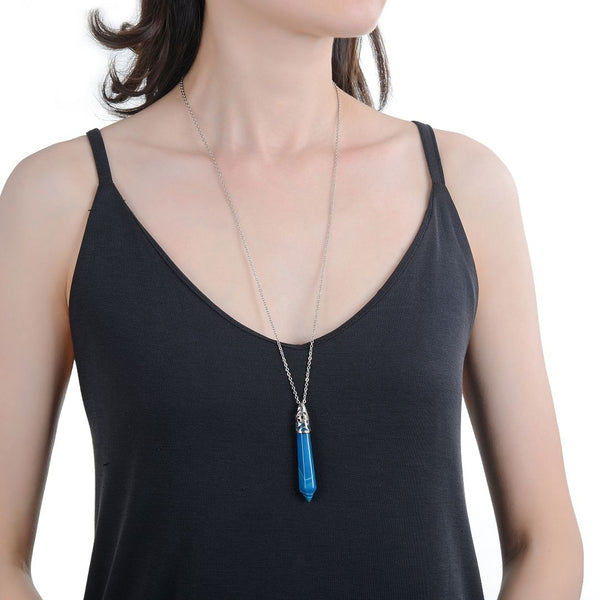 1pc Natural Blue Agate Hexagonal Pile Gemstone Pendant Necklace, 26 Inch Surgical Stainless Steel Chain, GGP-BB3