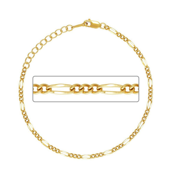 1pc Real 1/20 14K Gold Filled 2.2mm Dapped Figaro Link Chain Bracelet, 6.5 Inch with 1 Inch Extender, JB-21