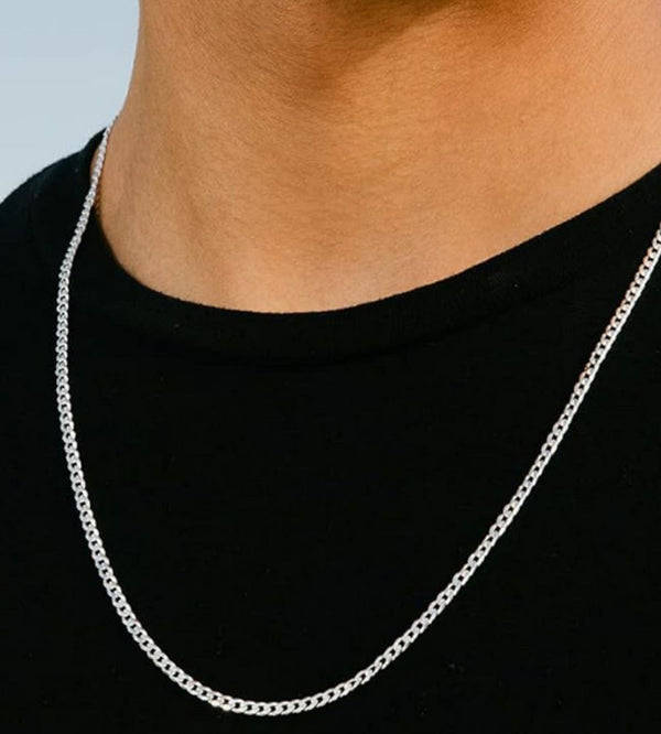 1pc 925 Sterling Silver Diamond Cut Curb Link Chain Necklace, Tarnish Resistant Rhodium Plated, 3mm, Thick Strong, Length Selections: 16/18/20/26/28 Inch