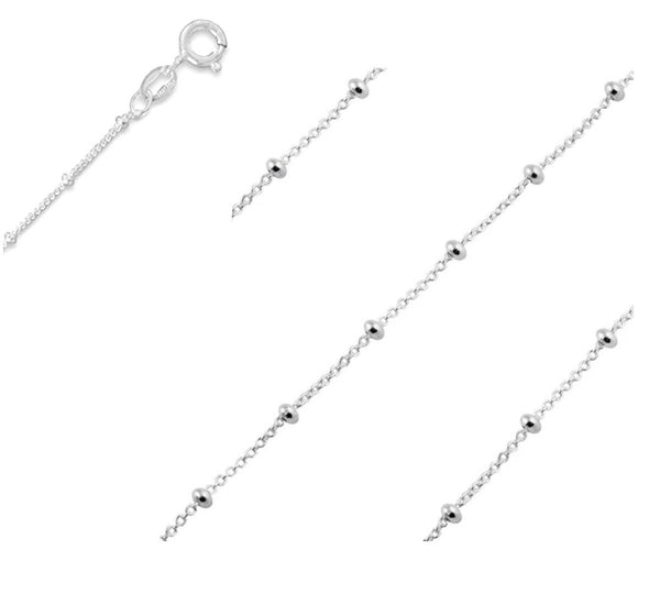 1pc 925 Sterling Silver Bead Station Cable Link Chain Necklace, Tarnish Resistant Rhodium Plated, 1.8mm Beads, Thin Small, Length Selections: 16/18/20/22/24/26/28/30 Inch