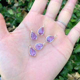 10pcs Grade A June Alexandrite Purple Teardrop Birthstone Charm Drop, 18K Yellow Gold Plated Brass, Size Selections: 11x7mm, 14x8mm, 16x9mm