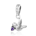 1pc 925 Sterling Silver Bird Charm, Freedom Lover February Birthstone Charm Drop, Purple Amethyst Cubic Zirconia CZ, 20mm Long, Hole ID 4.5mm, EC1-D2