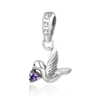 1pc 925 Sterling Silver Bird Charm, Freedom Lover February Birthstone Charm Drop, Purple Amethyst Cubic Zirconia CZ, 20mm Long, Hole ID 4.5mm, EC1-D2