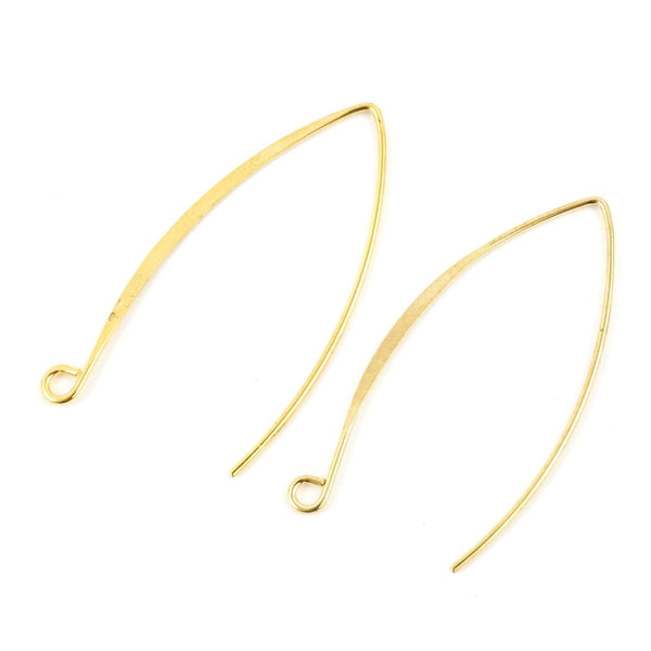 50pcs Flat Marquise Earring Hooks, 18K Yellow Gold Plated Brass, 45mm Long, Wire Gauge Selections: 0.7mm/21 Gauge or 0.9mm/19 Gauge