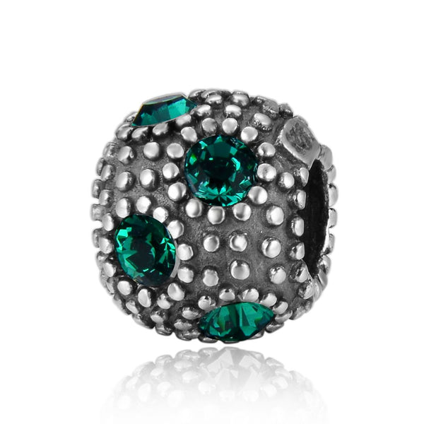 1pc 925 Sterling Silver May Birthstone Bead Charm, Green Emerald Cubic Zirconia CZ, 10.3x9mm, Hole ID 4.5mm, EC1-M5