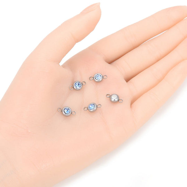 10pcs Grade A March Aquamarine Blue Birthstone Links, Stainless Steel, Tarnish Resistant, 6mm, CCP34-3