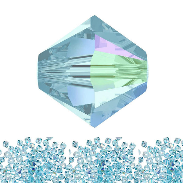 100pcs Preciosa Faceted Bicone Crystal Beads, Aquamarine AB, Size Selections: 3mm/4mm/6mm