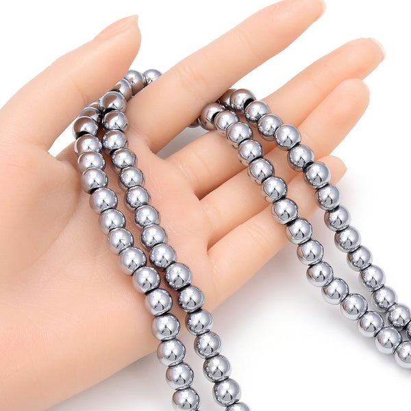 Grade A Natural Hematite Gemstone Large Hole Round Beads, White Gold Plated, 15 Inch/1 Strand, 8mm, Hole ID 2.8mm, GFC-Q8