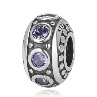 1pc 925 Sterling Silver February Birthstone Bead Charm, Purple Amethyst Cubic Zirconia CZ, 11x6.8mm, Hole ID 4.5mm, EC1-A2