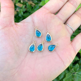 10pcs Grade A March Aquamarine Blue Teardrop Birthstone Charm Drop, 18K Yellow Gold Plated Brass, Size Selections: 11x7mm, 14x8mm, 16x9mm