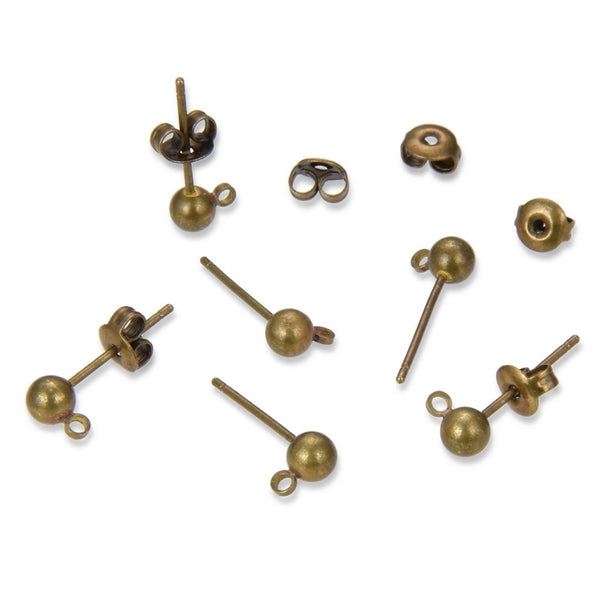 40pcs Ball Earring Posts, Closed Ring, with 40pcs Earring Backs, Antique Bronze Plated Brass, Ball Size Selections: 3mm/3.5mm/4mm/5mm
