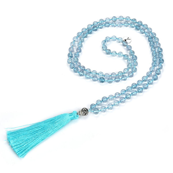 Adabele Premium 108 Mala Bead Tassel Necklace, 8mm Natural Light Blue Topaz Gemstone, Buddhist Japa Prayer Beaded Jewelry RGN16
