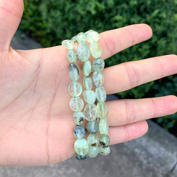 1 Strand Stretch Natural Green Prehnite Free Form Gemstone Bracelet, 7-10mm Beads, Length Selections: 7 inch/7.5 inch