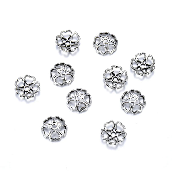 200pcs Heart Petal Flower Bead Caps, 9.5mm Bead End Caps, Antique Silver, MC-AB14