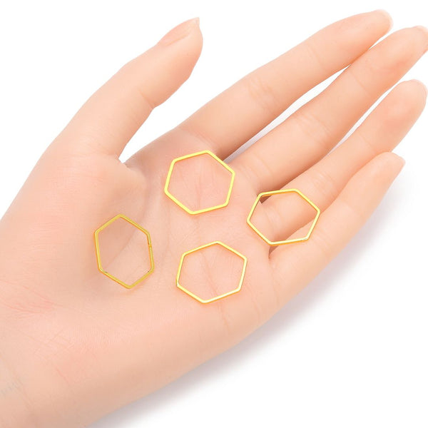 10pcs Hexagon Beading Hoop Links, Tarnish Resistant, 18K Yellow Gold Plated Brass, Size Selection: 20mm/26mm/30mm