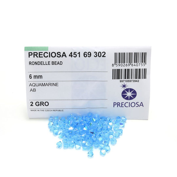 50pcs Preciosa Faceted Bicone Crystal Beads, Aquamarine AB (Blue), 6mm, Hole ID 1mm, Pre-B661