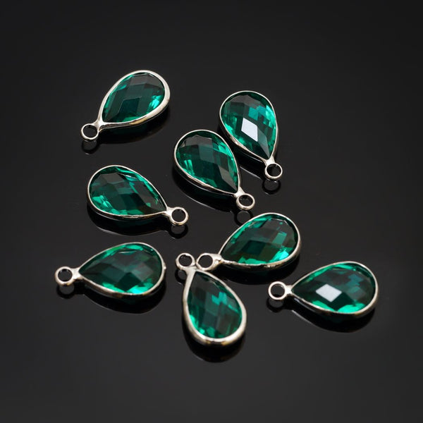 10pcs Grade A May Emerald Green Teardrop Birthstone Charm Drop, Sterling Silver Plated Brass, Size Selections: 11x7mm, 14x8mm, 16x9mm