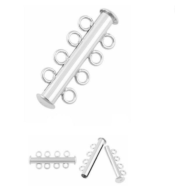 1pc 925 Sterling Silver 4 Strands Multi-Strand Slide Lock Tube Clasp Set, 25.5mm Long, SS188