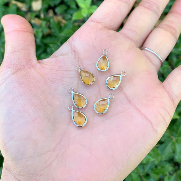 10pcs Grade A November Topaz Teardrop Birthstone Charm Drop, Sterling Silver Plated Brass, Size Selections: 11x7mm, 14x8mm, 16x9mm