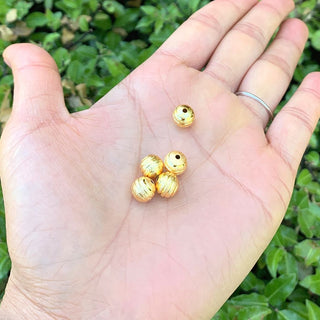 50pcs Tarnish Resistant Corrugated Ribbon Pattern Round Beads, 18K Yellow Gold Plated Brass, Size Selections: 6mm/8mm/10mm