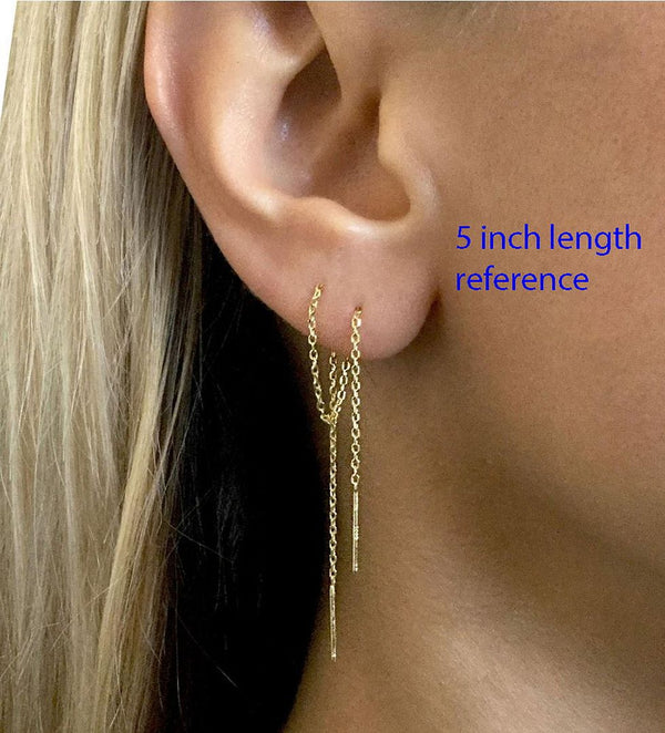 1 Pair Real 18K Yellow Gold Plated 925 Sterling Silver Threader Earrings, Pull Through Dangle Cable Chain with Bar Pin Drop, Length Selections: 2/3/4/5/6 Inch