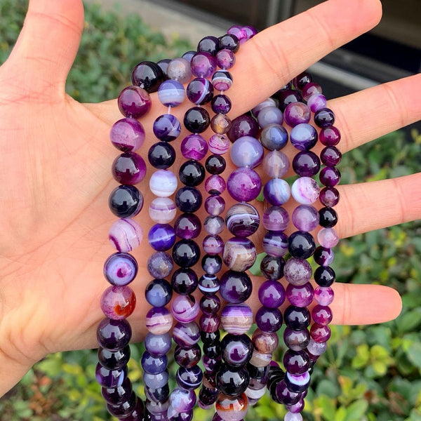 AAA Natural Banded Purple Agate Gemstone Round Beads, 15 Inch/1 Strand, Size Selections: 4mm/6mm/8mm/10mm