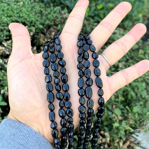 Natural Black Tourmaline Gemstone Oval Tumbled Pebble Beads, Irregular, 6mm to 8mm, Hole ID 1mm, 15 Inch/1 Strand, GZ11-46