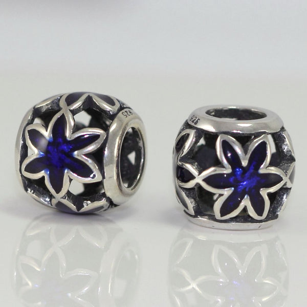 1pc Solid 925 Sterling Silver Sapphire Blue Star Flower Charm Bead, Compatible with Pandora All Other Charm Bracelet, EC 472