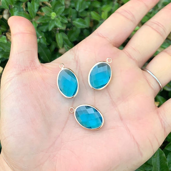 10pcs Grade A March Aquamarine Blue Oval Birthstone Charm Drops, 18K Yellow Gold Plated Brass, 18x13mm, CCP6-G3