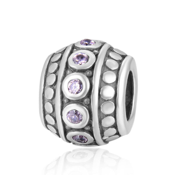 1pc 925 Sterling Silver Round October Birthstone Bead Charm, Pink Tourmaline Cubic Zirconia CZ, 10x8mm, Hole ID 4.5mm, EC1-F10