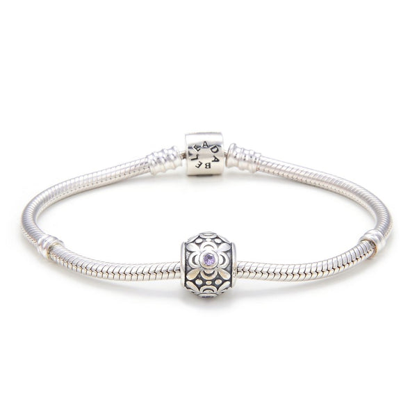 1pc 925 Sterling Silver Round Flower Pattern February Birthstone Bead Charm, Purple Amethyst Cubic Zirconia CZ, 11.2x9.5mm, Hole ID 4.5mm, EC1-G2