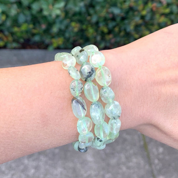 1 Strand Stretch Natural Green Prehnite Free Form Gemstone Bracelet, 7-10mm Beads, Length Selections: 7 inch/7.5 inch
