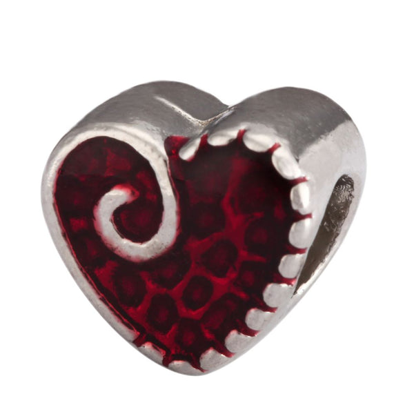20pcs Love Heart Red Enamel Large Hole Beads, Hole ID 4.5mm, Antique Silver, Zinc Alloy Metal, MEC-B10