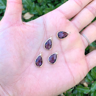 10pcs Grade A February Amethyst Teardrop Birthstone Charm Drop, 18K Yellow Gold Plated Brass, Size Selections: 11x7mm, 14x8mm, 16x9mm