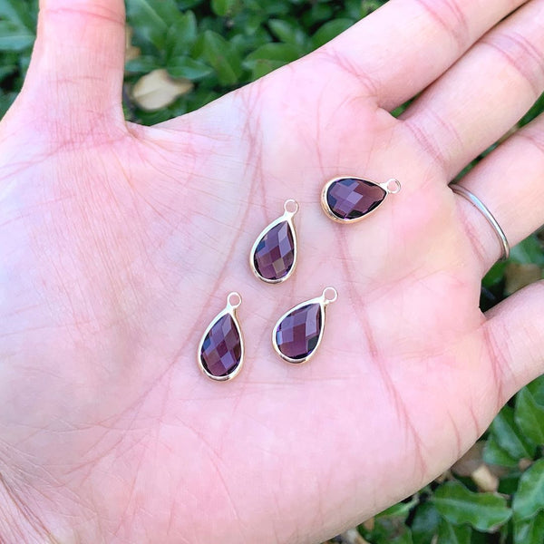 10pcs Grade A February Amethyst Teardrop Birthstone Charm Drop, 18K Yellow Gold Plated Brass, Size Selections: 11x7mm, 14x8mm, 16x9mm